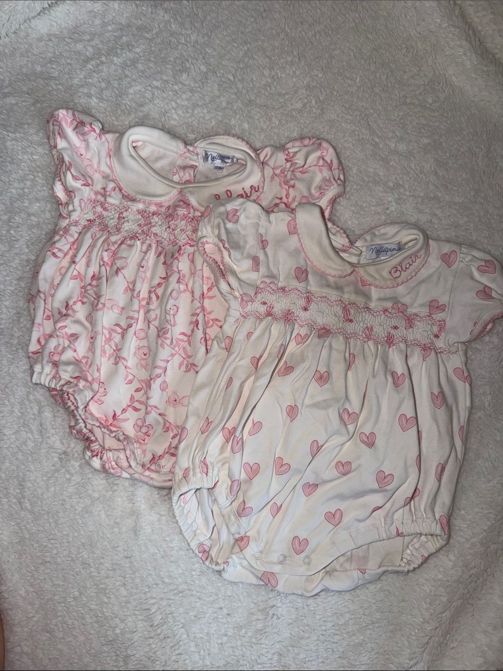 Nellapima “Blair” smocked monogrammed bubble rompers bundle of two